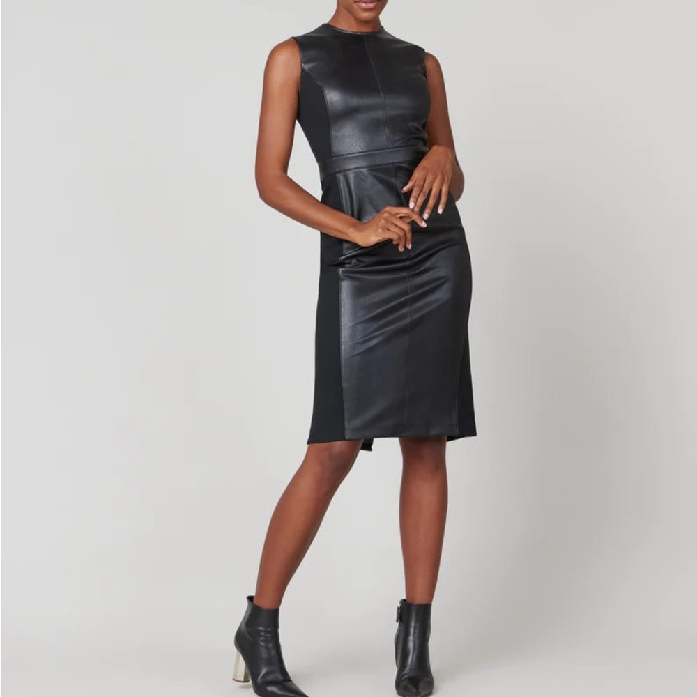 SPANX Leather-Like Combo Fitted Dress - Classic Black